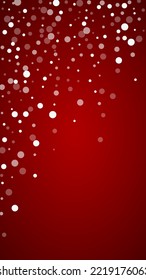 Snowfall overlay christmas background. Subtle flying snow flakes and stars on christmas red background. Festive snowfall overlay. Vertical vector illustration.