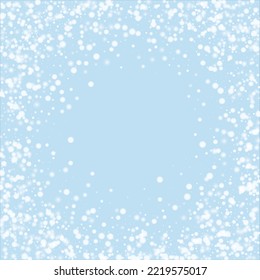 Snowfall overlay christmas background. Subtle flying snow flakes and stars on light blue winter backdrop. Festive snowfall overlay. Square vector illustration.