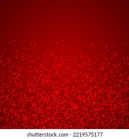 Snowfall overlay christmas background. Subtle flying snow flakes and stars on christmas red background. Festive snowfall overlay. Square vector illustration.