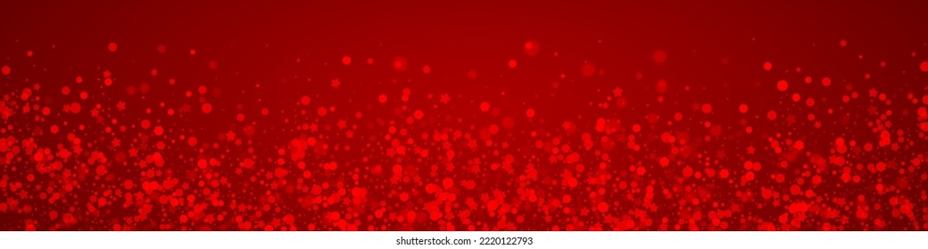 Snowfall overlay christmas background. Subtle flying snow flakes and stars on christmas red background. Festive snowfall overlay. Panoramic vector illustration.