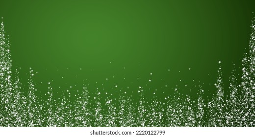 Snowfall overlay christmas background. Subtle flying snow flakes and stars on christmas green background. Festive snowfall overlay. Wide vector illustration.