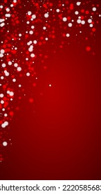 Snowfall overlay christmas background. Subtle flying snow flakes and stars on christmas red background. Festive snowfall overlay. Vertical vector illustration.