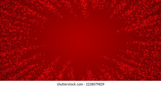 Snowfall overlay christmas background. Subtle flying snow flakes and stars on christmas red background. Festive snowfall overlay. Wide vector illustration.