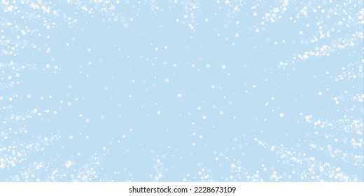 Snowfall overlay christmas background. Subtle flying snow flakes and stars on light blue winter backdrop. Festive snowfall overlay. Wide vector illustration.