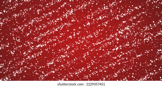 Snowfall overlay christmas background. Subtle flying snow flakes and stars on christmas red background. Festive snowfall overlay. Wide vector illustration.