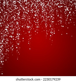 Snowfall overlay christmas background. Subtle flying snow flakes and stars on christmas red background. Festive snowfall overlay. Square vector illustration.