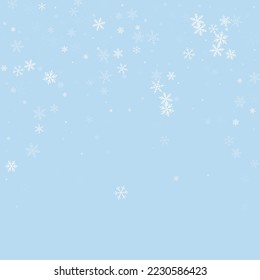 Snowfall overlay christmas background. Subtle flying snow flakes and stars on light blue winter backdrop. Festive snowfall overlay. Square vector illustration.