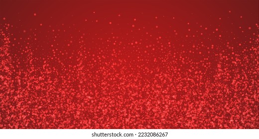 Snowfall overlay christmas background. Subtle flying snow flakes and stars on christmas red background. Festive snowfall overlay. Wide vector illustration.