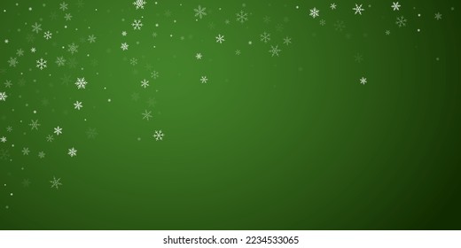 Snowfall overlay christmas background. Subtle flying snow flakes and stars on christmas green background. Festive snowfall overlay. Wide vector illustration.