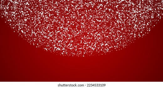 Snowfall overlay christmas background. Subtle flying snow flakes and stars on christmas red background. Festive snowfall overlay. Wide vector illustration.