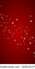 Snowfall overlay christmas background. Subtle flying snow flakes and stars on christmas red background. Festive snowfall overlay. Vertical vector illustration.