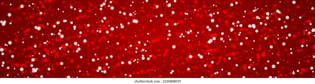 Snowfall overlay christmas background. Subtle flying snow flakes and stars on christmas red background. Festive snowfall overlay. Panoramic vector illustration.