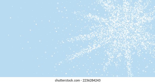 Snowfall overlay christmas background. Subtle flying snow flakes and stars on light blue winter backdrop. Festive snowfall overlay. Wide vector illustration.