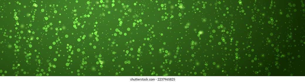 Schneefall auf Weihnachtshintergrund. Subtile fliegende Schneeflocken und Sterne auf Weihnachtsgrünem Hintergrund. Festlicher Schneefall-Overlay. Panoramavektorgrafik.
