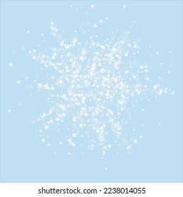 Snowfall overlay christmas background. Subtle flying snow flakes and stars on light blue winter backdrop. Festive snowfall overlay. Square vector illustration.