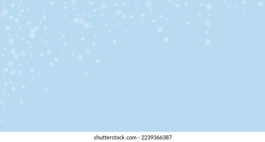 Snowfall overlay christmas background. Subtle flying snow flakes and stars on light blue winter backdrop. Festive snowfall overlay. Wide vector illustration.