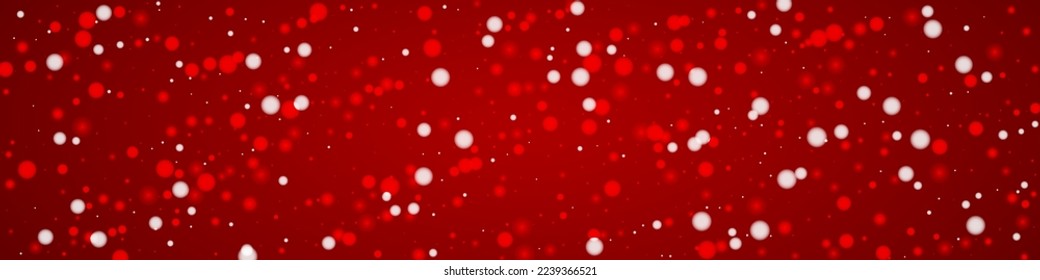 Snowfall overlay christmas background. Subtle flying snow flakes and stars on christmas red background. Festive snowfall overlay. Panoramic vector illustration.