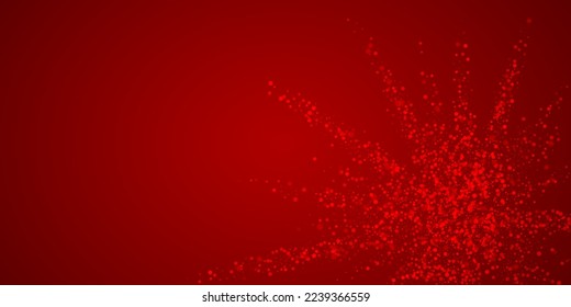 Snowfall overlay christmas background. Subtle flying snow flakes and stars on christmas red background. Festive snowfall overlay. Wide vector illustration.