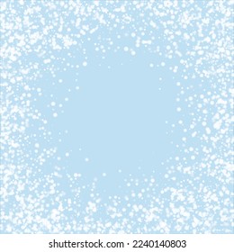 Snowfall overlay christmas background. Subtle flying snow flakes and stars on light blue winter backdrop. Festive snowfall overlay. Square vector illustration.