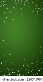 Snowfall overlay christmas background. Subtle flying snow flakes and stars on christmas green background. Festive snowfall overlay. Vertical vector illustration.