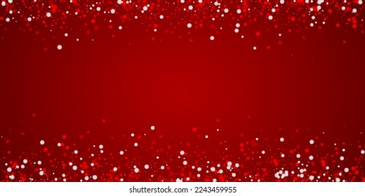 Snowfall overlay christmas background. Subtle flying snow flakes and stars on christmas red background. Festive snowfall overlay. Wide vector illustration.