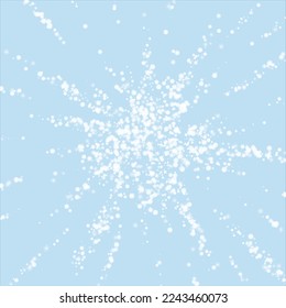 Snowfall overlay christmas background. Subtle flying snow flakes and stars on light blue winter backdrop. Festive snowfall overlay. Square vector illustration.