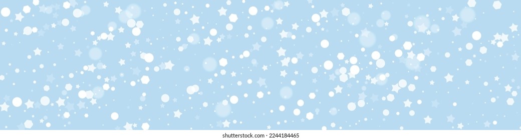 Snowfall overlay christmas background. Subtle flying snow flakes and stars on light blue winter backdrop. Festive snowfall overlay. Panoramic vector illustration.