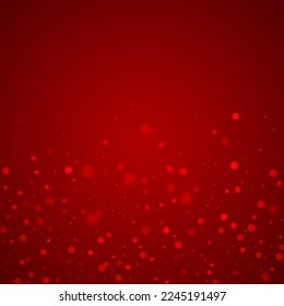 Snowfall overlay christmas background. Subtle flying snow flakes and stars on christmas red background. Festive snowfall overlay. Square vector illustration.