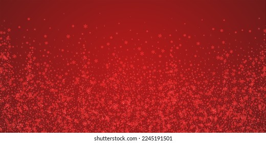 Snowfall overlay christmas background. Subtle flying snow flakes and stars on christmas red background. Festive snowfall overlay. Wide vector illustration.