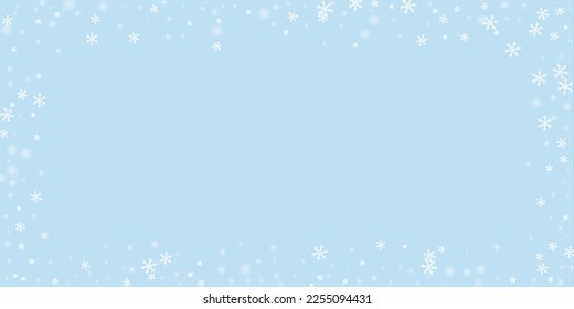 Snowfall overlay christmas background. Subtle flying snow flakes and stars on light blue winter backdrop. Festive snowfall overlay. Wide vector illustration.