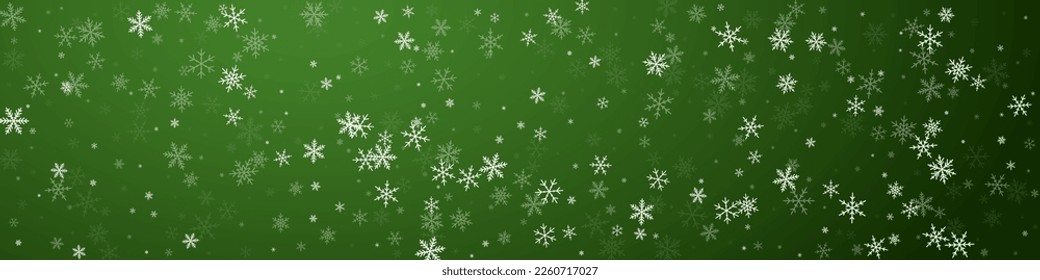 Schneefall auf Weihnachtshintergrund. Subtile fliegende Schneeflocken und Sterne auf Weihnachtsgrünem Hintergrund. Festlicher Schneefall-Overlay. Panoramavektorgrafik.