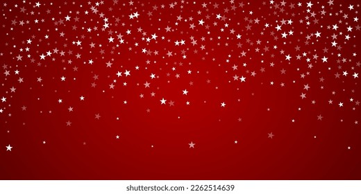 Snowfall overlay christmas background. Subtle flying snow flakes and stars on christmas red background. Festive snowfall overlay. Wide vector illustration.