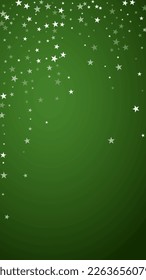 Snowfall overlay christmas background. Subtle flying snow flakes and stars on christmas green background. Festive snowfall overlay. Vertical vector illustration.