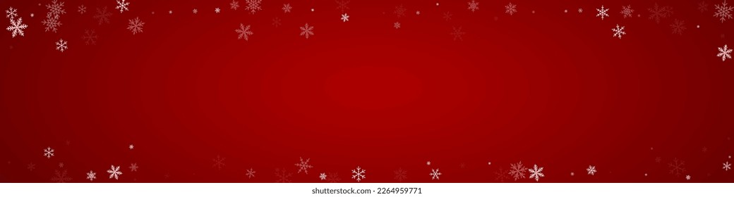 Snowfall overlay christmas background. Subtle flying snow flakes and stars on christmas red background. Festive snowfall overlay. Panoramic vector illustration.