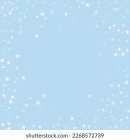 Snowfall overlay christmas background. Subtle flying snow flakes and stars on light blue winter backdrop. Festive snowfall overlay. Square vector illustration.