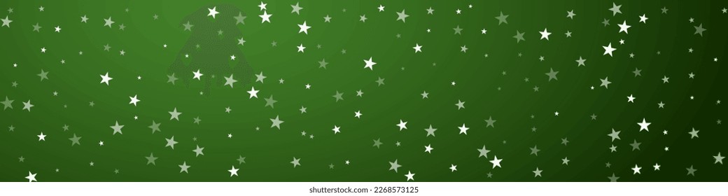 Snowfall overlay christmas background. Subtle flying snow flakes and stars on christmas green background. Festive snowfall overlay. Panoramic vector illustration.