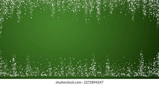 Snowfall overlay christmas background. Subtle flying snow flakes and stars on christmas green background. Festive snowfall overlay. Wide vector illustration.