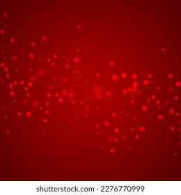 La nieve superó el fondo de la navidad. Sutiles copos de nieve volando y estrellas de fondo rojo navideño. Sobrecoste de nieve festivo. Ilustración vectorial cuadrada.