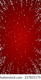 Snowfall overlay christmas background. Subtle flying snow flakes and stars on christmas red background. Festive snowfall overlay. Vertical vector illustration.