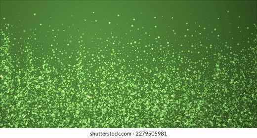Snowfall overlay christmas background. Subtle flying snow flakes and stars on christmas green background. Festive snowfall overlay. Wide vector illustration.