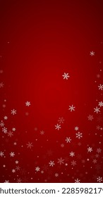 Snowfall overlay christmas background. Subtle flying snow flakes and stars on christmas red background. Festive snowfall overlay. Vertical vector illustration.