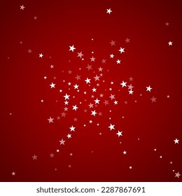 Snowfall overlay christmas background. Subtle flying snow flakes and stars on christmas red background. Festive snowfall overlay. Square vector illustration.