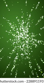 Snowfall overlay christmas background. Subtle flying snow flakes and stars on christmas green background. Festive snowfall overlay. Vertical vector illustration.