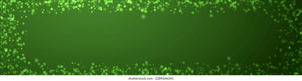 Snowfall overlay christmas background. Subtle flying snow flakes and stars on christmas green background. Festive snowfall overlay. Panoramic vector illustration.