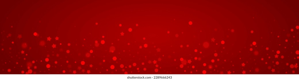 La nieve superó el fondo de la navidad. Sutiles copos de nieve volando y estrellas de fondo rojo navideño. Sobrecoste de nieve festivo. Ilustración de vector panorámica.