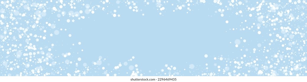 Snowfall overlay christmas background. Subtle flying snow flakes and stars on light blue winter backdrop. Festive snowfall overlay. Panoramic vector illustration.
