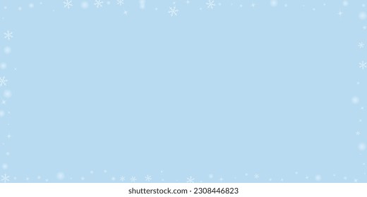 Snowfall overlay christmas background. Subtle flying snow flakes and stars on light blue winter backdrop. Festive snowfall overlay. Wide vector illustration.