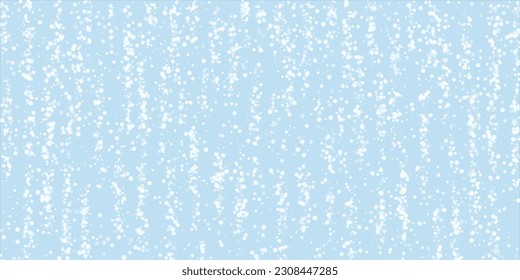 Snowfall overlay christmas background. Subtle flying snow flakes and stars on light blue winter backdrop. Festive snowfall overlay. Wide vector illustration.