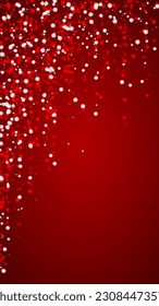 Snowfall overlay christmas background. Subtle flying snow flakes and stars on christmas red background. Festive snowfall overlay. Vertical vector illustration.