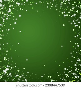 Snowfall overlay christmas background. Subtle flying snow flakes and stars on christmas green background. Festive snowfall overlay. Square vector illustration.